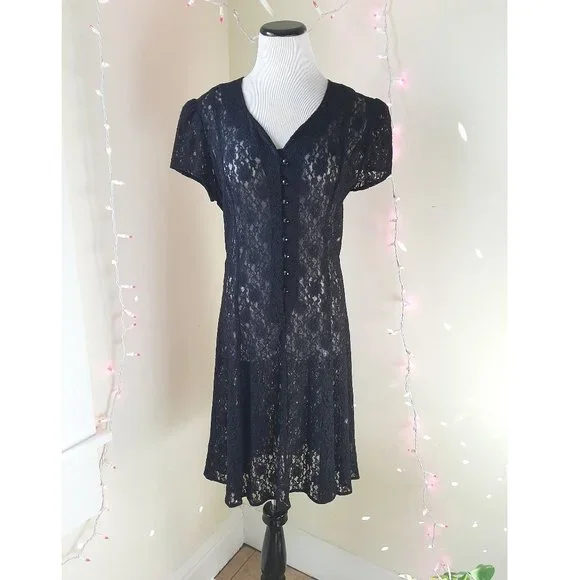Vintage Dresses | Vtg Black Sheer Lace Button Midi Dress Fit & Flare Whimsigoth 90s Corset Tie | Color: Black | Size: M | Magicvintageco's Closet Vintage Dresses | Vtg Black Sheer Lace Button Midi Dress Fit & Flare Whimsigoth 90s Corset Tie | Color: Black | Size: M | Magicvintageco's Closet